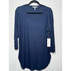 New Three Dots Top Navy Blue Scoop Neck Ribbed Knit Pullover 3/4 Sleeve Sz L